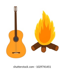 Guitar and campfire. Isolated objects on white background. Vector illustration.