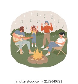 Guitar campfire songs isolated cartoon vector illustration. Parent plays guitar, family sitting near campfire, singing song together, camping night activity, summer holiday vector cartoon.