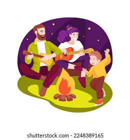 Guitar campfire songs isolated cartoon vector illustration. Parent plays guitar, family sitting near campfire, singing song together, camping night activity, summer holiday vector cartoon.
