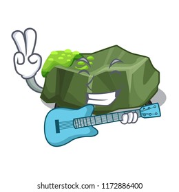 With guitar cartoon large stone covered with green moss