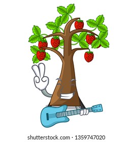 With guitar cartoon strawberry trees grow on soil