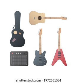 Guitar and case set. Vector flat illustration. Isolated on white background.