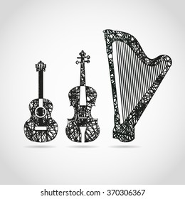 Guitar, cello and harp in cool design