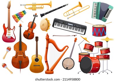 Guitar, cello, harp, drum, tambourine, trumpet, accordion, synthesizer, xylophone, flute, clarinet, maracas, violin, electric guitar, bow. Musical instruments on white background. Vector illustration