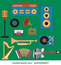 Guitar, cello, harp, drum, tambourine, trumpet, accordion, synthesizer, xylophone, flute, clarinet, maracas, violin, electric guitar, bow. Musical instruments on green background. Vector illustration