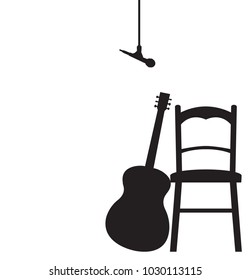 A Guitar, Chair and Microphone silhouette isolated on a white background