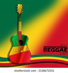 Guitar with the characteristic colors of reggae musicians, namely green, yellow, red with bold texts, International Reggae Day July 1