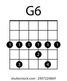 Guitar chord G6 line icon. Guitar, notes, music, string, song, treble clef, consonance, notation, melody, school, musician, barre. Vector icons for business and advertising