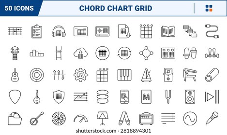 Guitar chord matrix music grid line icon set covering chart, fretboard, tab, and songwriting concepts, thin linear illustration.