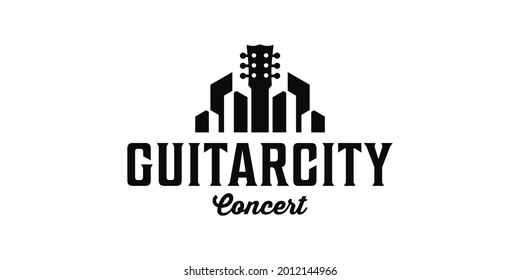 Guitar city building vintage retro logo design inspiration. Logo can be used for icon, brand, identity, symbol, elements, and concert