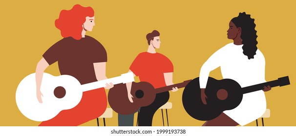 Guitar class, multicultural group of musicians. Flat vector stock illustration. People with a guitar. Multicultural male and female guitarists. Musical education. Vector graphics