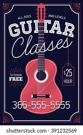 Guitar classes vector poster or banner template with vintage feel, sample text. Musical education concept layout. Ideal for flyers, posters and advertisement