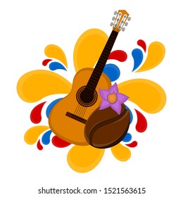 Guitar with coffee bean and colored splash. Representative image of colombia - Vector