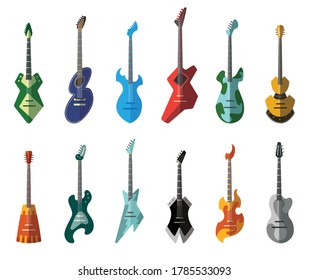 Guitar collection. Different shape acoustic and electric guitars. Isolated stylish art. Colored icons on white background. Set of different color rock guitar