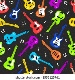 Guitar collection. Electric guitar, bass guitar, classical guitar. Vector seamless pattern in flat and cartoon style