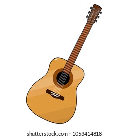 Guitar. Colored, stylized. Yellow case, brown neck, white strings. Classical form, realistic. White background, isolated object