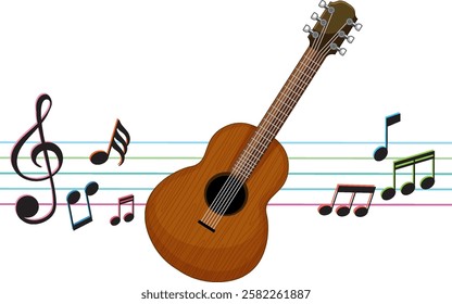 Guitar with colorful musical notes and staff lines