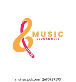 Guitar combination with note music logo design vector template.