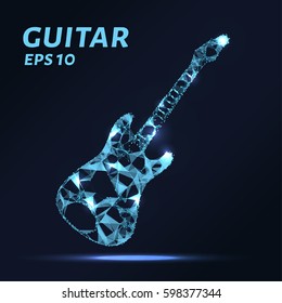 The guitar is composed of points, lines and triangles. The polygon shape in the form of a silhouette of a guitar on a dark background. Vector illustration. Graphic concept guitar.