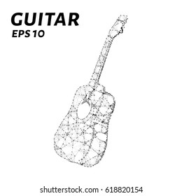 The guitar is composed of points, lines and triangles. The polygon shape in the form of a silhouette of a guitar on a dark background. Vector illustration