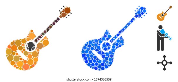 Guitar composition of filled circles in different sizes and color tints, based on guitar icon. Vector filled circles are united into blue composition. Dotted guitar icon in usual and blue versions.