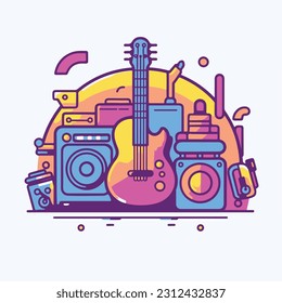 ilustración de icono de concierto de guitarra. la música es mi ilustración de la vida. vibración musical colorida con altavoz de sonido