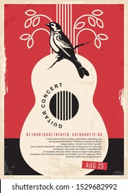 Guitar Concert Retro Poster Design For Music Event. Vintage Flyer With Classical Guitar, Bird Singing And Tree Leaves On Old Paper Texture. Vector Illustration.