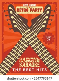 Guitar concert retro poster design for music event. Vintage flyer Vector illustration.