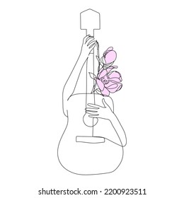 Guitar.One Continuous Line Drawing. Music Instrument Stock.Continuous line drawing of a jazz instrument.
 Vector - Illustration of outline. One line art.