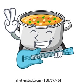 With guitar cooking pot of soup isolated on mascot