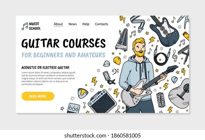 Cursos de guitarra de tipo Doodle, plantilla vectorial para profesores de guitarra eléctrica y acústica o para escuela de música