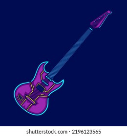 Guitar cyberpunk logo line pop art portrait fiction colorful design with dark background. Abstract t-shirt vector illustration.