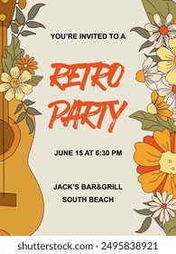 Guitar with daisy flowers and leaves. Retro party invitation. Hand drawn sketch style. Place for text. Template for poster, banner, flyer, wedding invite. Flat style design. Vector illustration.