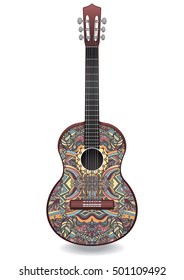 Guitar decorated with ethnic ornaments, design in the style of boho, oriental pattern. Painted colorful creative musical instrument. Vector illustration