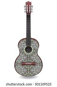 Guitar decorated with ethnic ornaments, design in the style of boho, oriental pattern. Painted colorful creative musical instrument. Vector illustration