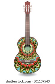 Guitar decorated with ethnic ornaments, design in the style of boho, oriental pattern. Painted colorful creative musical instrument. Vector illustration