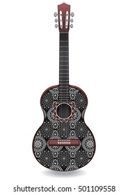 Guitar decorated with ethnic ornaments, design in the style of boho, oriental pattern. Painted colorful creative musical instrument. Vector illustration