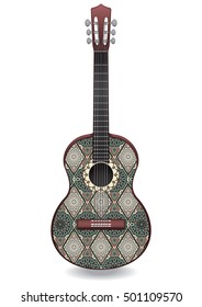 Guitar decorated with ethnic ornaments, design in the style of boho, oriental pattern. Painted colorful creative musical instrument. Vector illustration