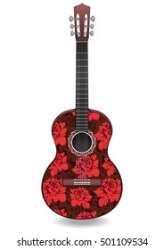 Guitar decorated with ornament of red roses flowers, decorative design. Painted colorful creative musical instrument. Vector illustration