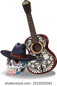 Violão, crânio decorado e sombrero