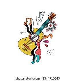 Guitar doodle illustration. Hippie music sketch. Rock n roll hand drawn emblem. Musical instrument, notes, flowers. Disco party drawing. Musical pop festival, concert poster, t-shirt retro element