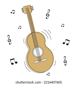 Gitarre im Doodle-Stil. Vektorgrafik. Weißer Hintergrund. isoliert. handgezeichnet. Gelber Hintergrund. Rock Festival