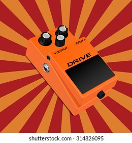 Guitar drive pedal on sunbeam background. EPS10 vector illustration