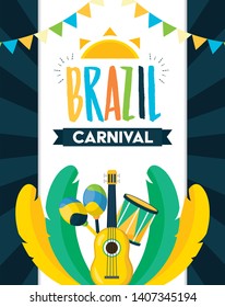guitar and drum maracas feathers brazil carnival festival celebration poster vector illustration