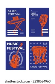 Guitarra, tambor, micrófono, piano. Afiche del festival de música. Instrumentos musicales. Competencia. Un conjunto de ilustraciones vectoriales. Diseño minimalista. Cartel, volante, portada, impresión.