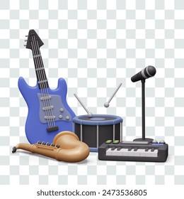 Guitar, drum with sticks, saxophone, microphone, synthesizer