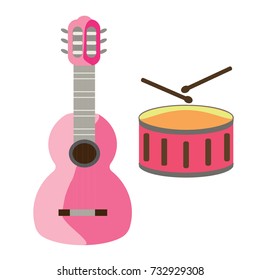 Guitar and drum vector illustration. Doodle style. Design icon, print, logo, symbol, decor, textile, paper.