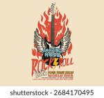 Guitar with eagle wing graphic illustration.	Fire and eagle artwork. Rock and roll tour t shirt print design. Rockstar vector artwork.