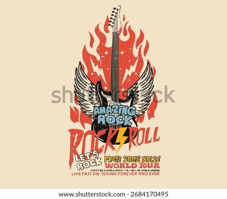 Guitar with eagle wing graphic illustration.	Fire and eagle artwork. Rock and roll tour t shirt print design. Rockstar vector artwork.