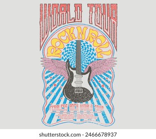 Guitar with eagle wing vector artwork for apparel, stickers, posters, background and others. Rock and roll vintage print design. Rock world tour artwork. Rock star vintage artwork. Music world tour.	